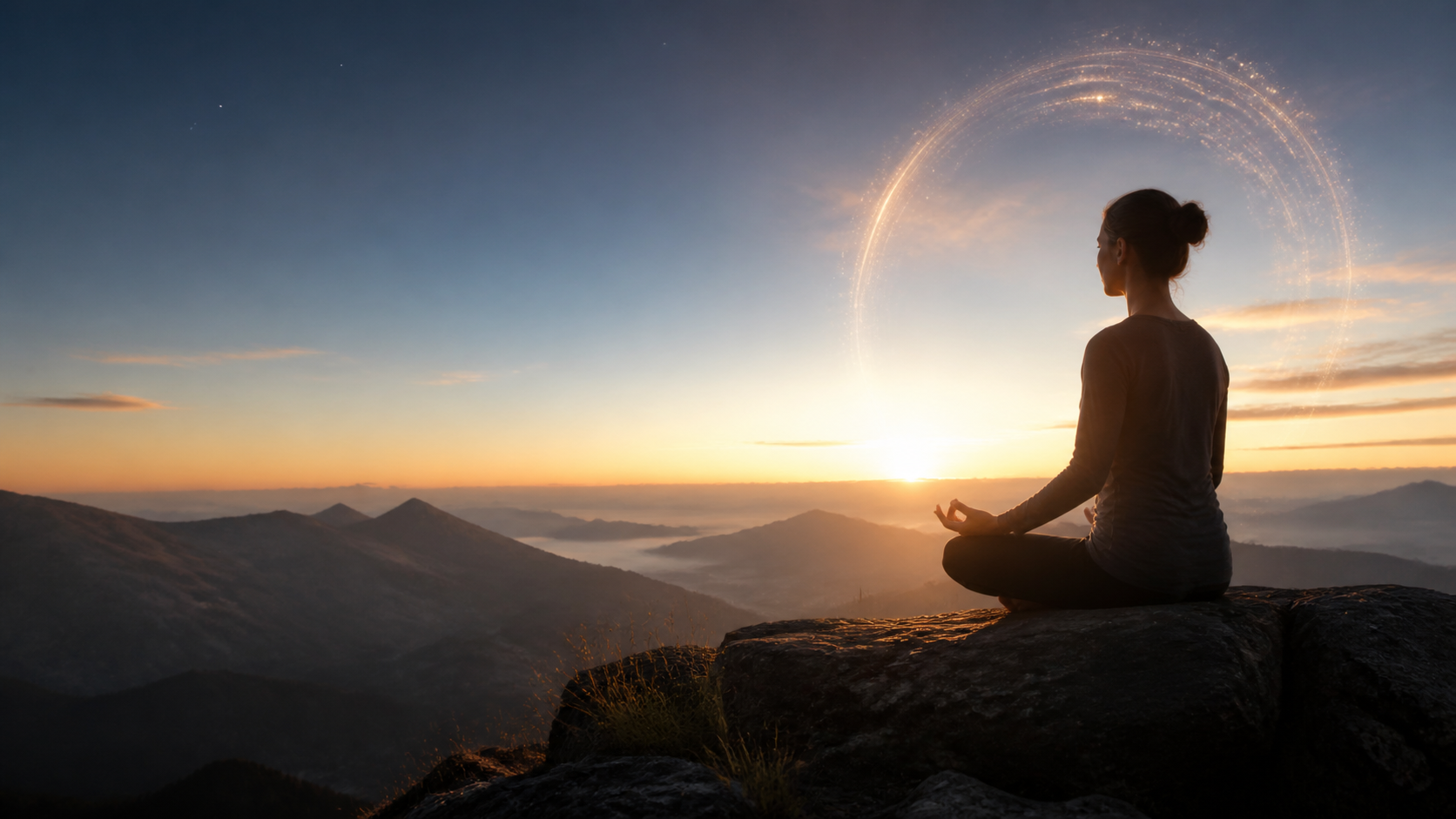Dağ manzarasında gün doğumuna karşı meditasyon yapan bir kadın